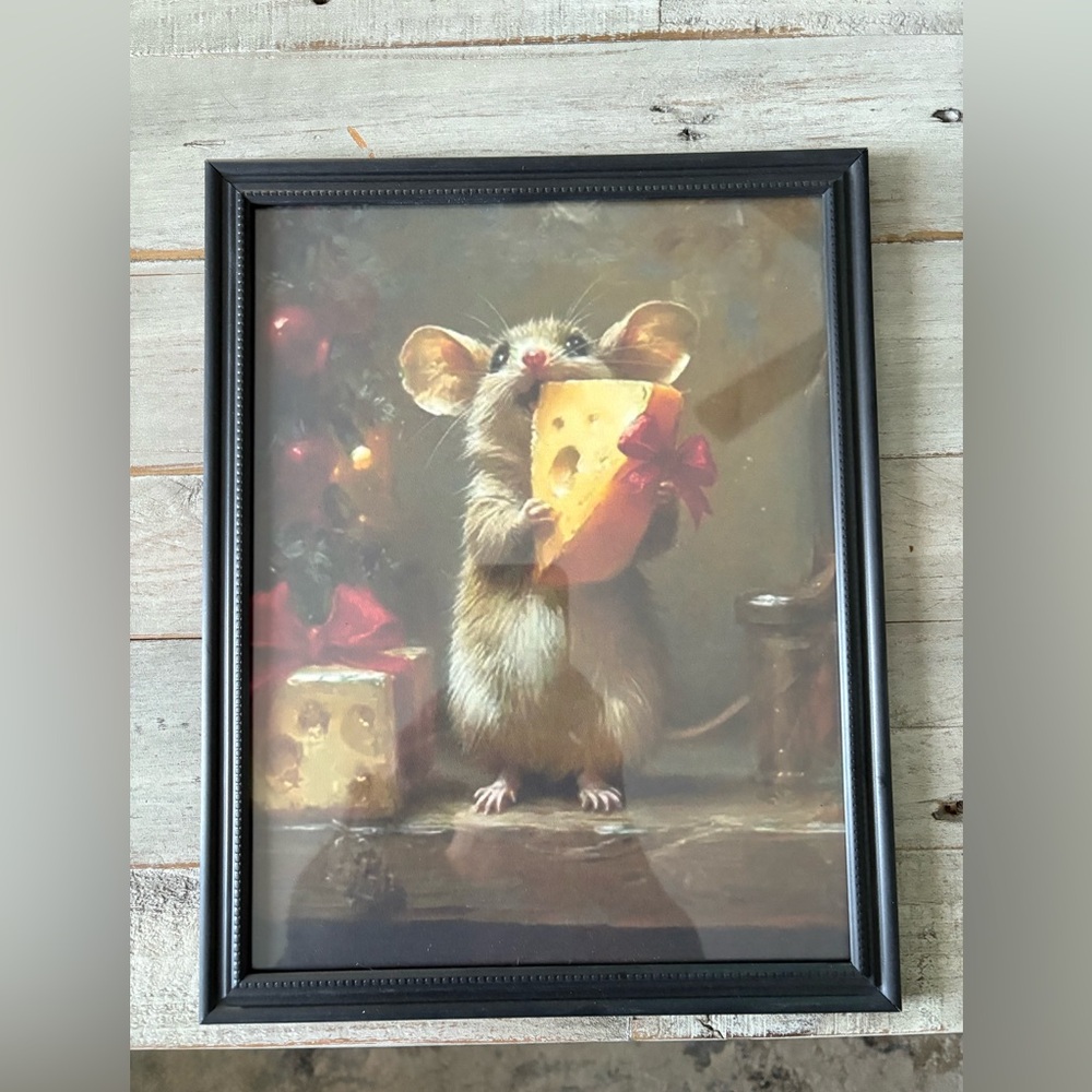 Christmas Mouse with Cheese Framed Art Print 8x11 - Holiday Kitchen Decor
